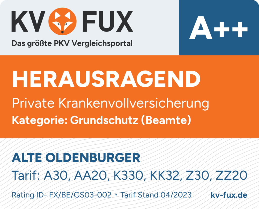 Testsiegel 3. Platz Grundschutz PKV Vergleich Beamte 2023 für Alte Oldenburger A 30, AA20, K 330, KK 32, Z 30, ZZ 20