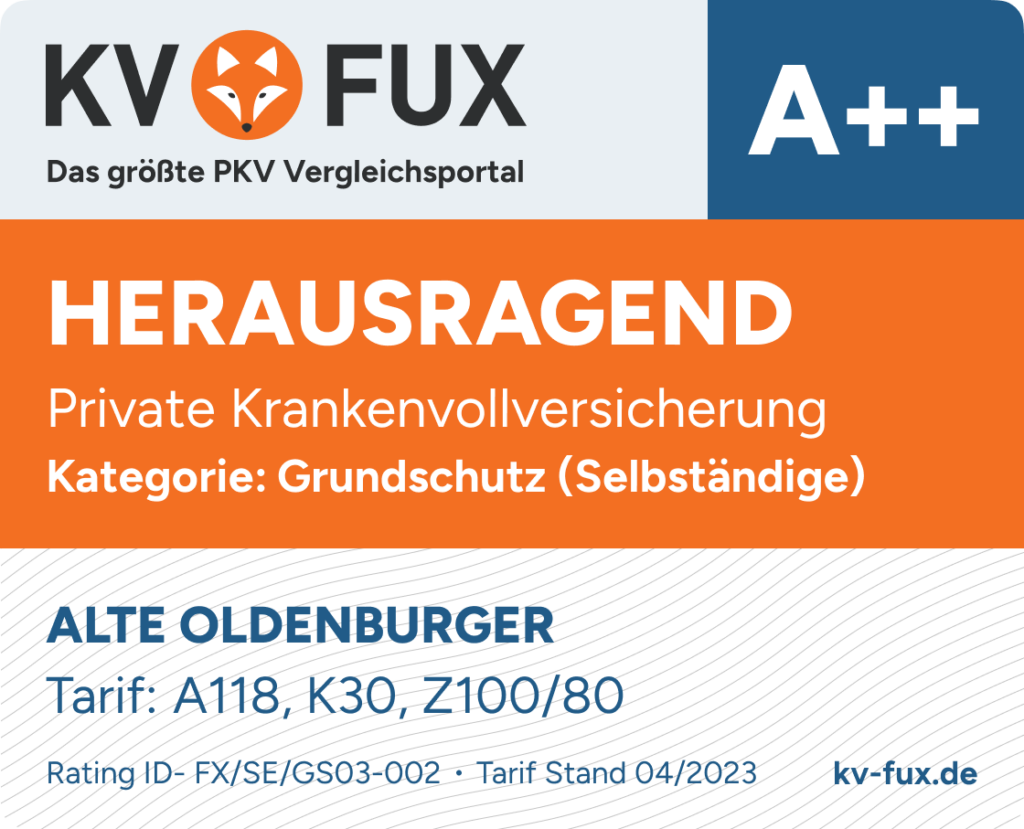 Testsiegel 3. Platz Grundschutz PKV Vergleich Selbstständige 2023 für Alte Oldenburger A118, K 30, Z100/80