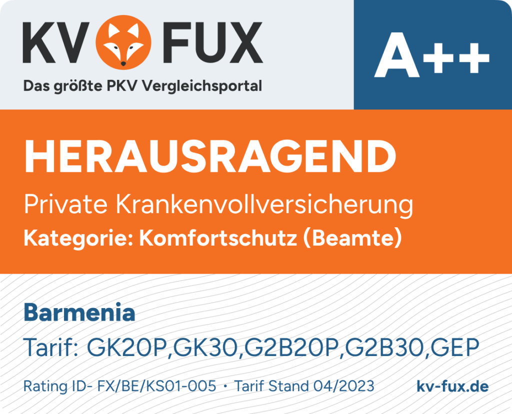 Testsieger-Siegel im Komfortschutz PKV Vergleich für Beamte 2023 für Barmenia GK20P, GK30, G2B20P, G2B30, GEP