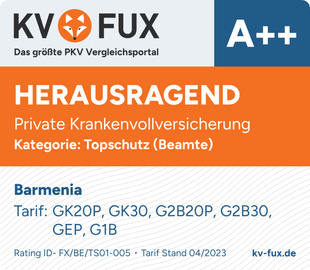 Testsieger-Siegel im Topschutz PKV Vergleich für Beamte 2023 für Barmenia GK20P, GK30, G1B, G2B20P, G2B30, GEP