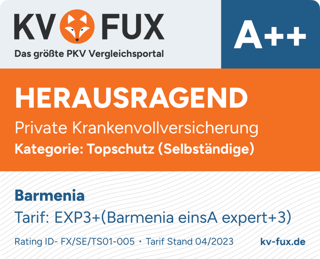 Testsieger-Siegel im Topschutz PKV Vergleich für Selbstständige 2023 für Barmenia EXP3+(Barmenia einsA expert+3)