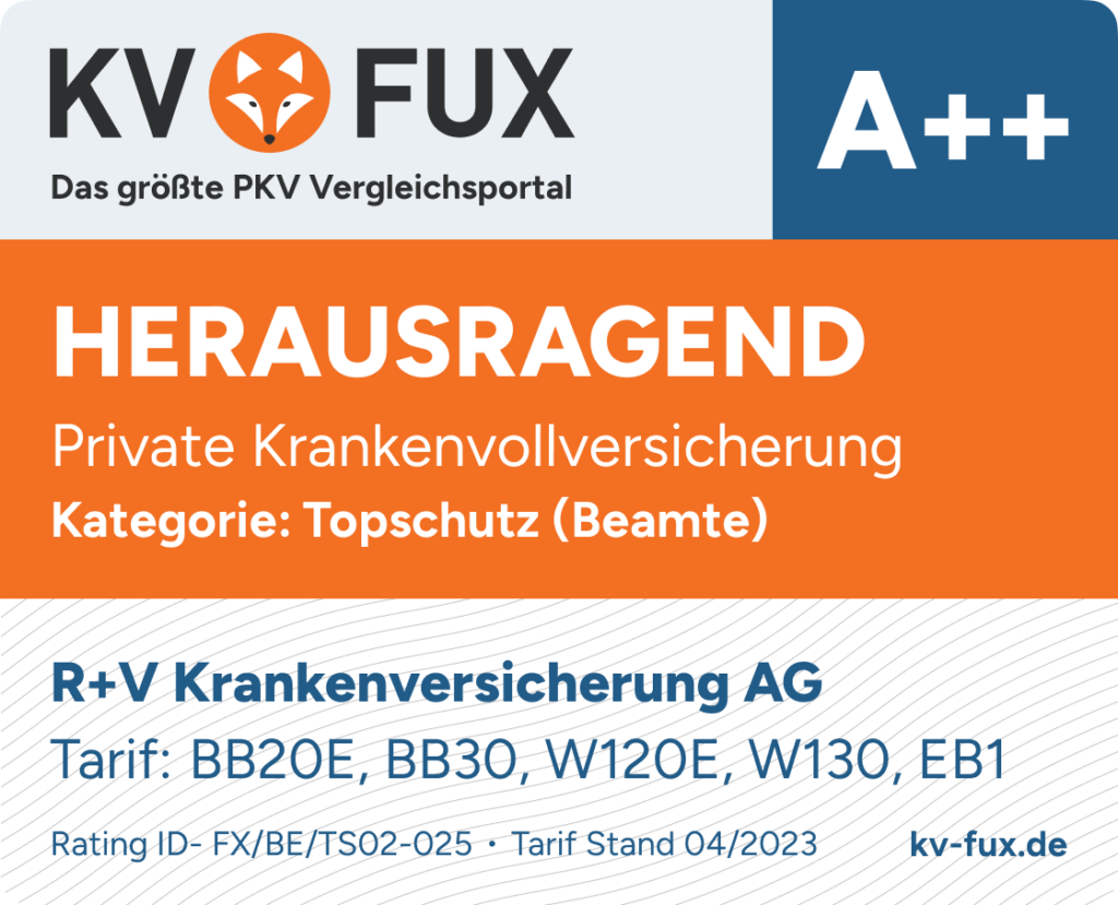 Testsiegel 2. Platz Topschutz PKV Vergleich Beamte 2023 für R+V BB20E, BB30, W120E, W130, EB1