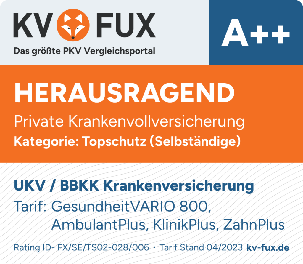 Testsiegel 2. Platz Topschutz PKV Vergleich Selbstständige 2023 UKV / BBKK GesundheitVARIO 800, VARIO AmbulantPlus, VARIO KlinikPlus, VARIO ZahnPlus