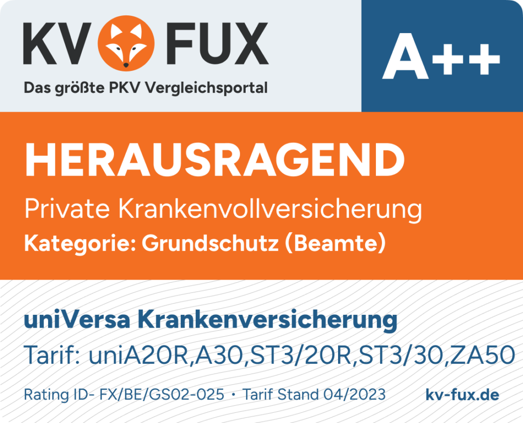 Testsiegel 2. Platz Grundschutz PKV Vergleich Beamte 2023 für uniVersa uni-A 20 R, uni-A 30, uni-ST 3/20R, uni-ST 3/30, uni-ZA 50