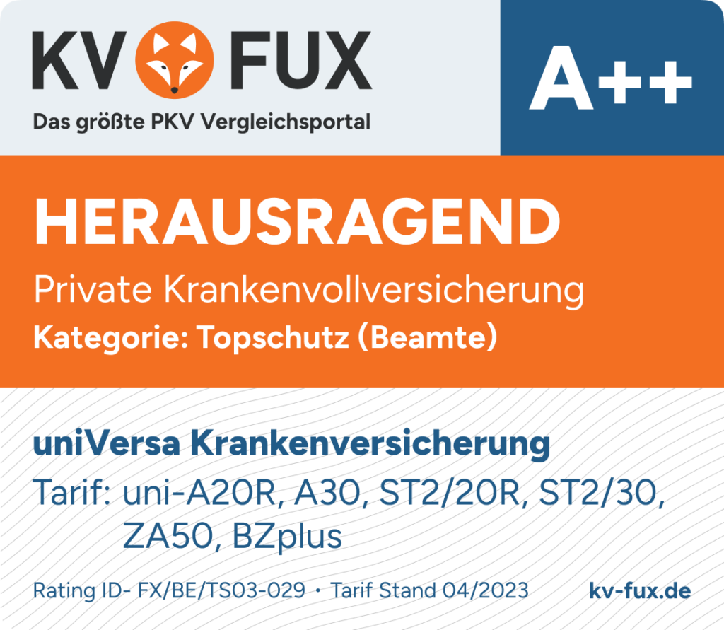 Testsiegel 3. Platz Topschutz PKV Vergleich Beamte 2023 für uniVersa uni-A 20 R, uni-A 30, uni-ST 2/20R, uni-ST 2/30, uni-ZA 50, uni-BZ plus