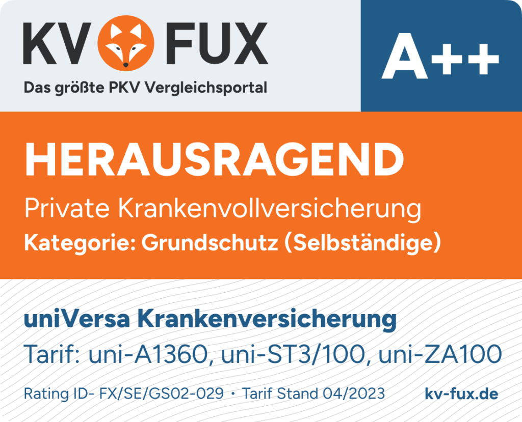 Testsiegel 2. Platz Grundschutz PKV Vergleich Selbstständige 2023 für uniVersa uni-A 1360, uni-ST 3/100, uni-ZA 100