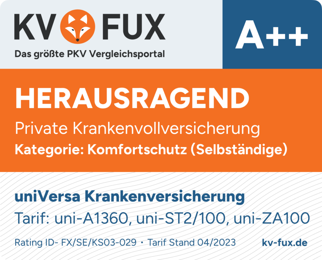 Testsegel 3. Platz Komfortschutz PKV Vergleich Selbstständige 2023 für uniVersa uni-A 1360, uni-ST 2/100, uni-ZA 100