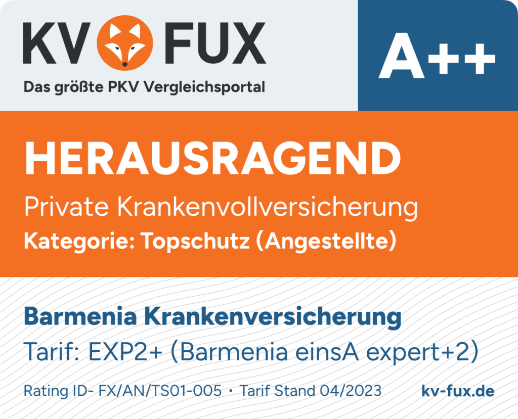 Testsieger-Siegel im Topschutz PKV Vergleich für Angestellte 2023 für Barmenia EXP2+(Barmenia einsA expert+2)