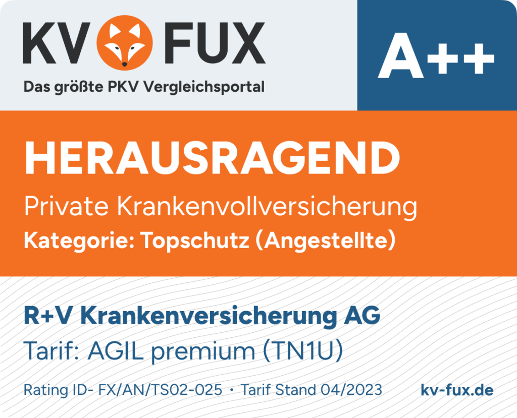Testsiegel 2. Platz Topschutz PKV Vergleich Angestellte 2023 R+V AGIL premium (TN1U)