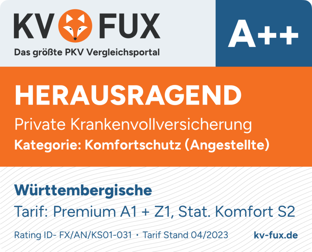 Testsieger-Siegel im Komfortschutz PKV Vergleich für Angestellte 2023 für Württembergische Amb. Premium A1_1440, Stat. Komfort S2, Zahn Premium Z1