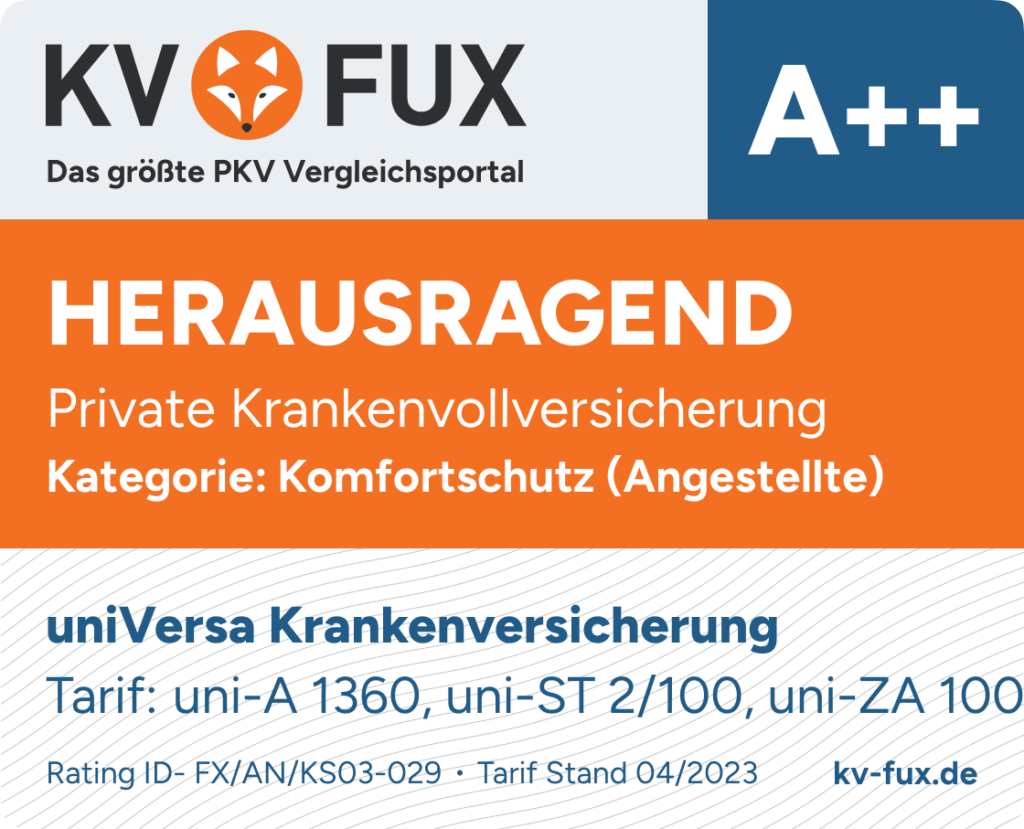 Testsiegel 3. Platz Komfortschutz PKV Vergleich Angestellte 2023 für uni-A 1360, uni-ST 2/100, uni-ZA 100